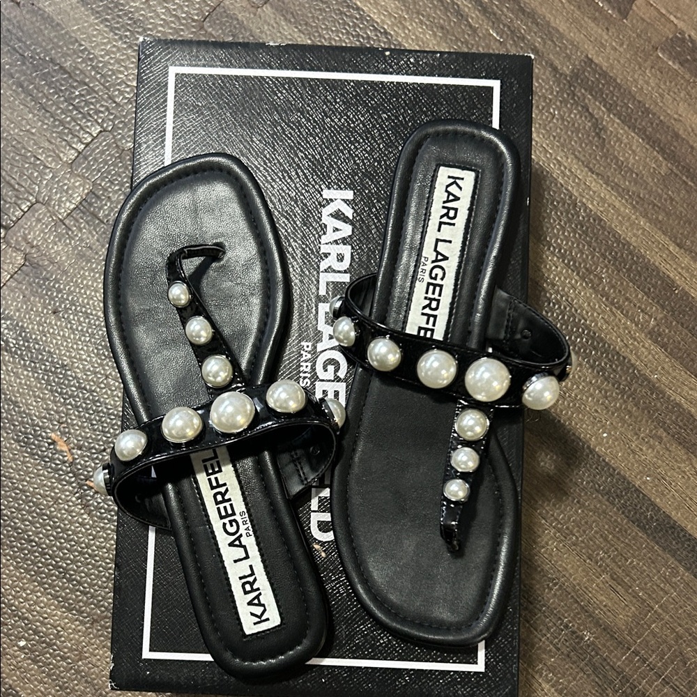Karl Lagerfeld Black Sandals with Pearl Details